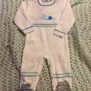 Ash Cream and Blue Knit Footie with Bunny Design